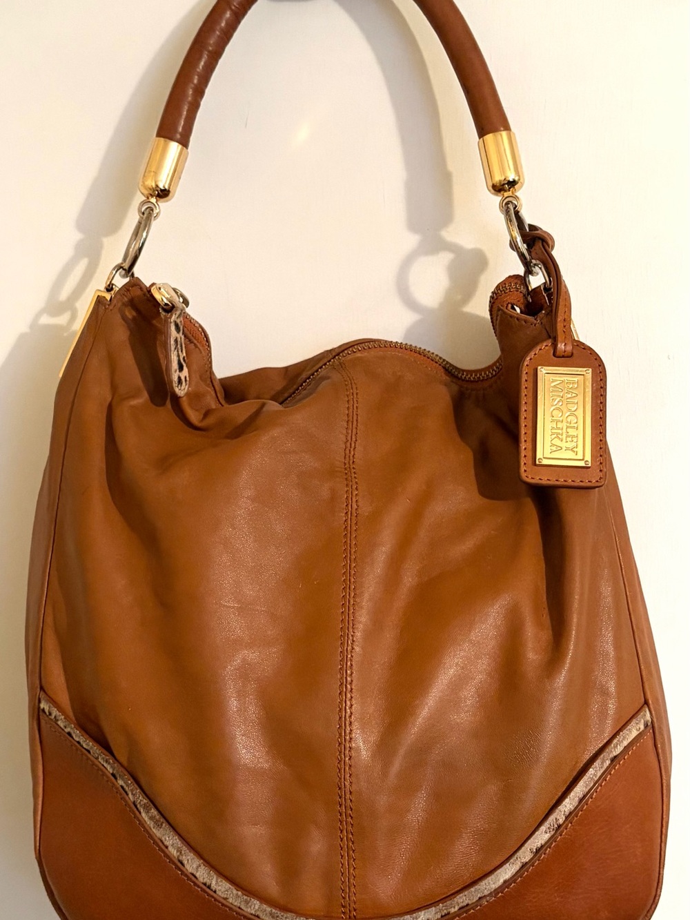 Badgley Mischka Tan Brown Leather Shoulder Hobo with Gold Accents
